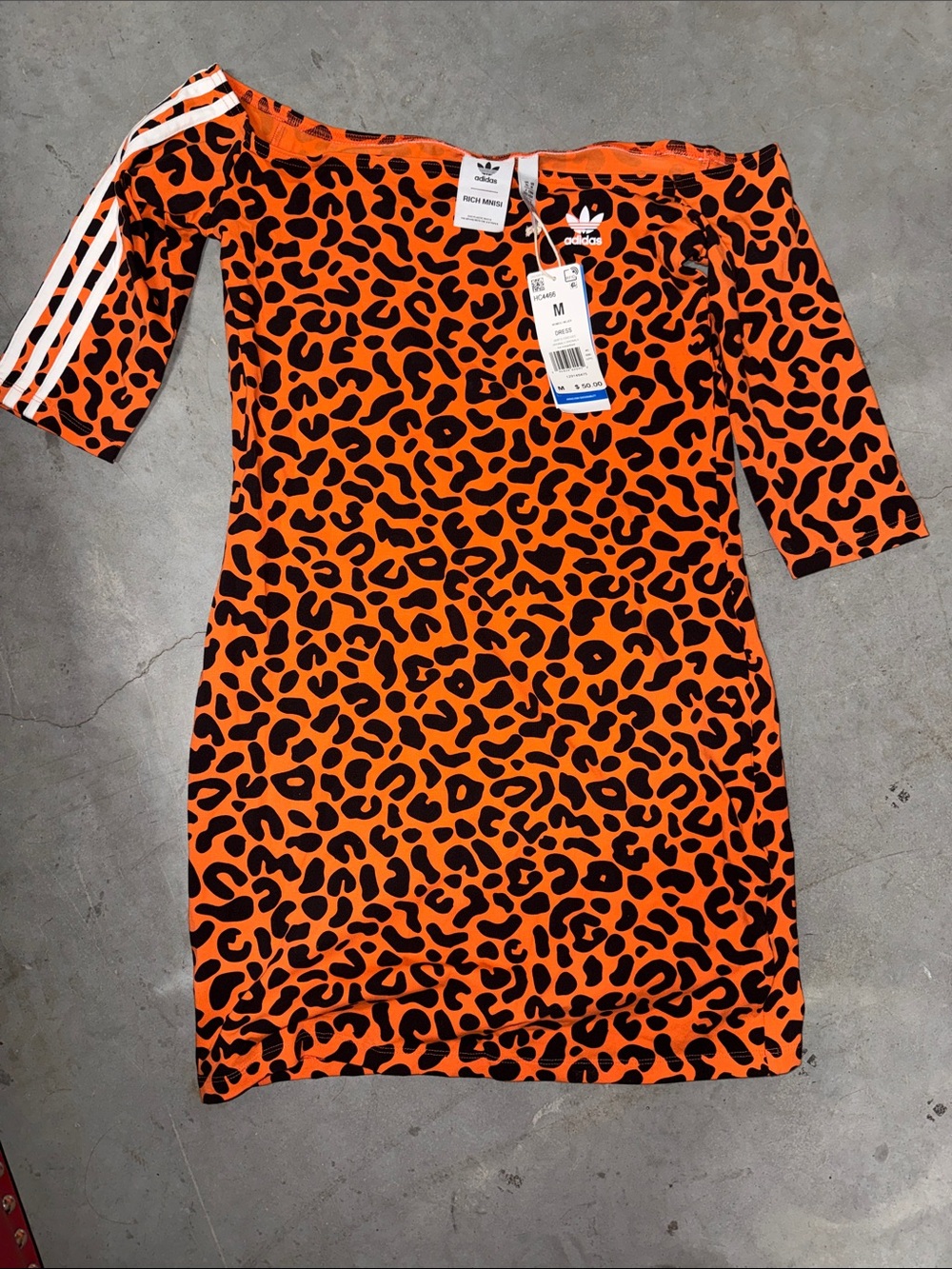 adidas Rich Mnisi Orange and Black Leopard-Print Off-Shoulder Mini Dress